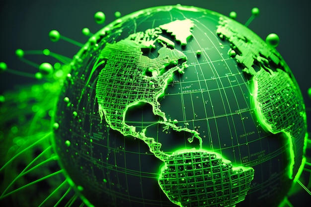 Um fundo verde impressionante da rede global da Internet ilustra o alcance expansivo das conexões digitais e da colaboração global