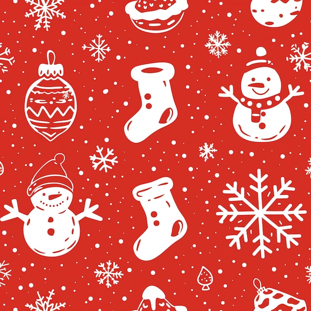 um fundo vermelho com bonecos de neve e flocos de neve