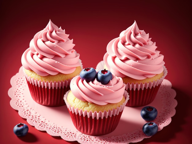 Um fundo vermelho com cupcakes com cobertura rosa e mirtilos.