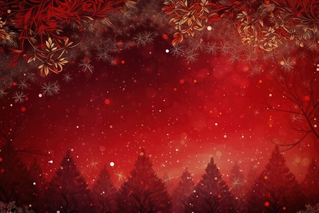 Um fundo vermelho com flocos de neve e árvores generativas AI