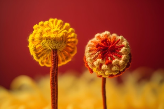 Um fundo vermelho com flores de crochê amarelo e laranja e um fundo vermelho.