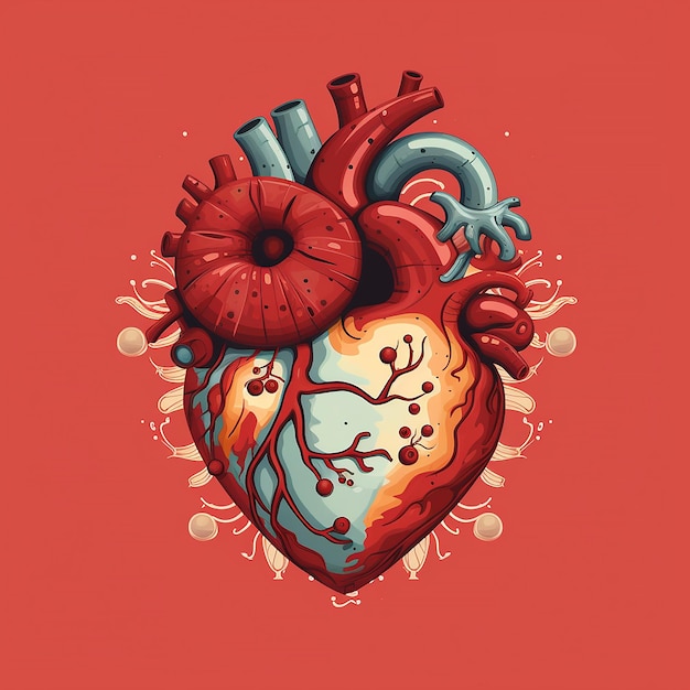 Um fundo vermelho com um coração e um monte de círculos e um monte de galhos