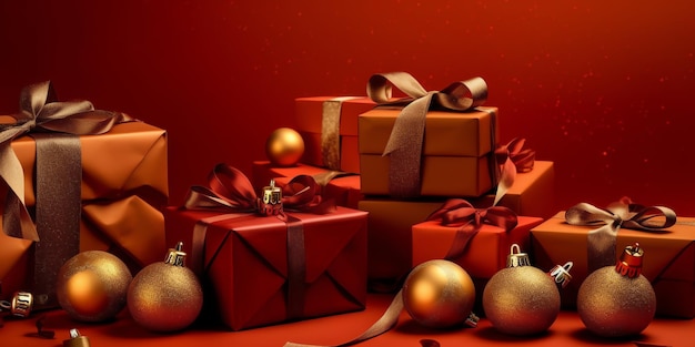 Um fundo vermelho com um monte de presentes e bolas de natal.