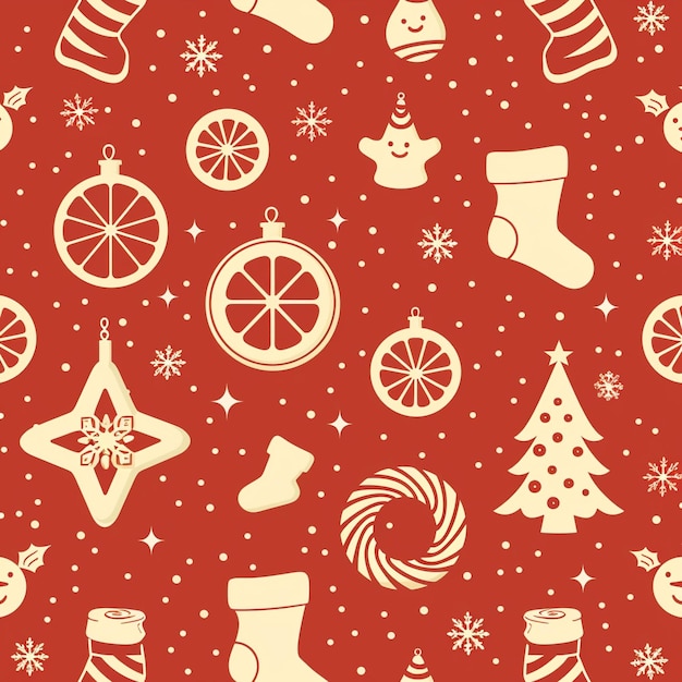 um fundo vermelho com um padrão de decorações de Natal e um chapéu de Santa