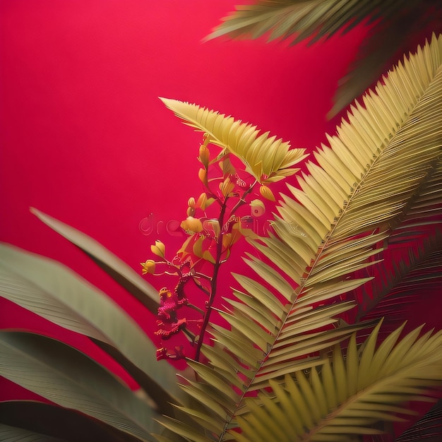 Foto um fundo vermelho com uma planta com flores amarelas e um fundo vermelho.