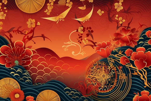 Um fundo vermelho e laranja com um design de estilo chinês