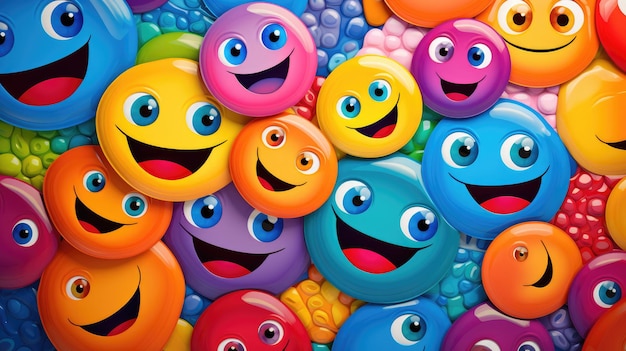 Um fundo vibrante com formas emoji multicoloridas dispostas em um padrão circular