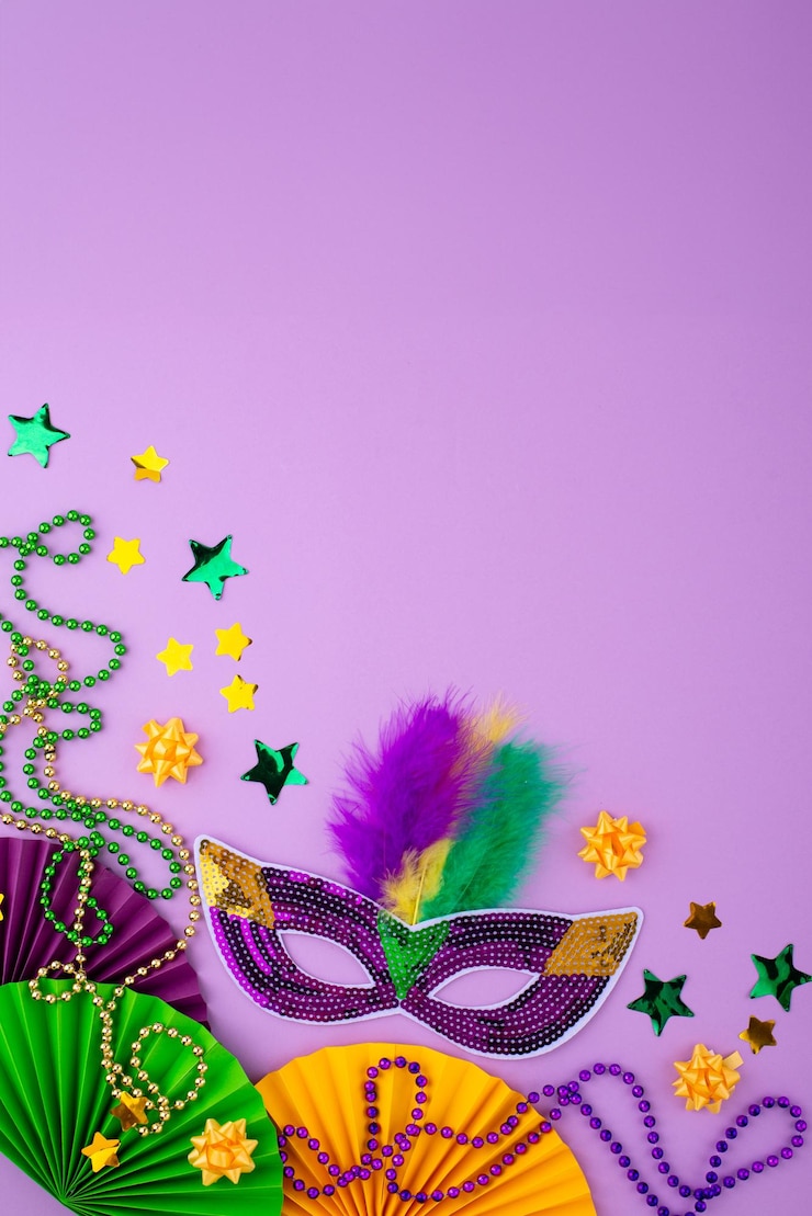 Foto um fundo vibrante de mardi gras com contas de máscara e decorações festivas