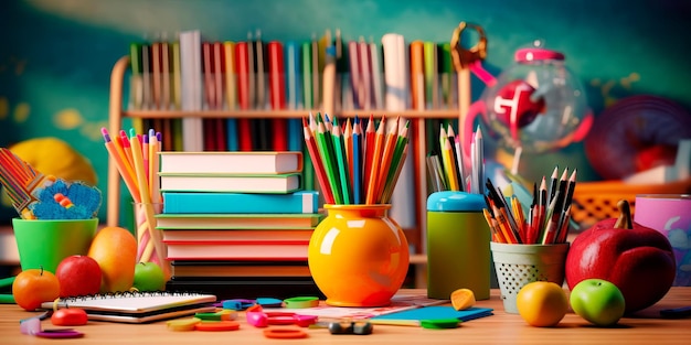 Um fundo vibrante de volta à escola com lápis coloridos, livros e artigos de papelaria dispostos em uma composição criativa.