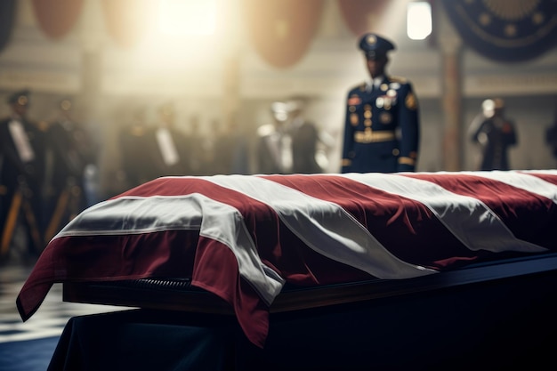 Um funeral militar com foco nos guardas de honra.