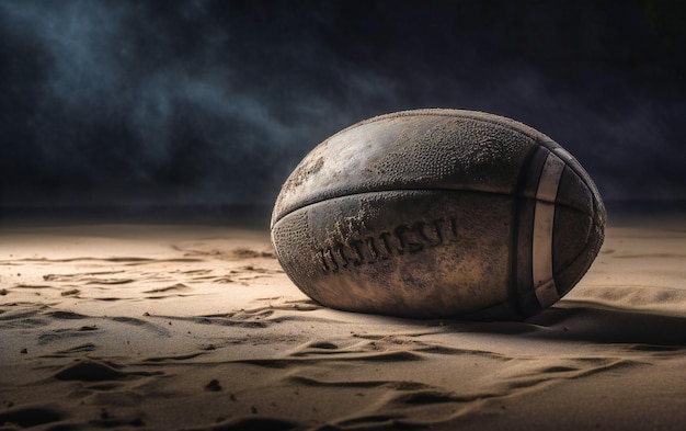 um futebol americano na areia na frente de uma grande tela cinza