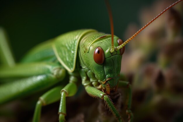 Um gafanhoto com um olho vermelho senta-se em um galho.