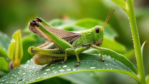 Um gafanhoto em uma planta com folhas verdes