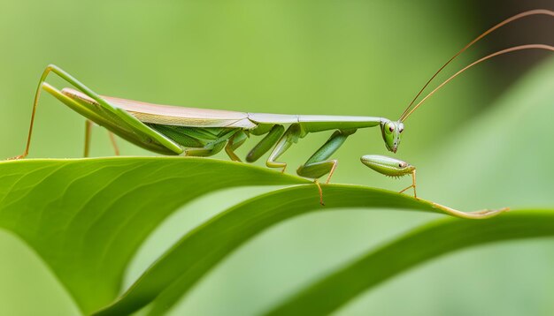 Foto um gafanhoto está sentado em uma folha com um fundo verde