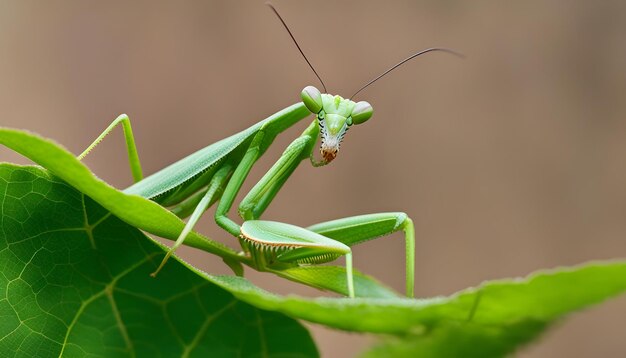 Foto um gafanhoto está sentado em uma folha com uma folha no fundo