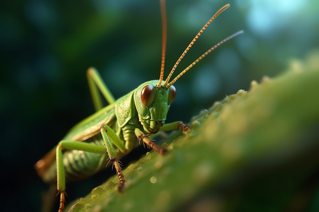 Um gafanhoto senta-se em uma folha verde