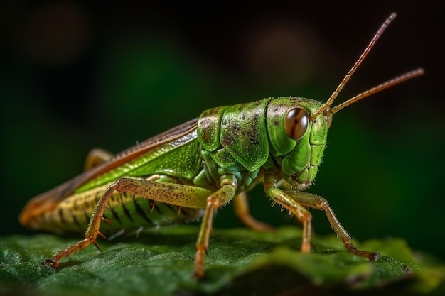 Um gafanhoto verde com a palavra inseto no rosto.