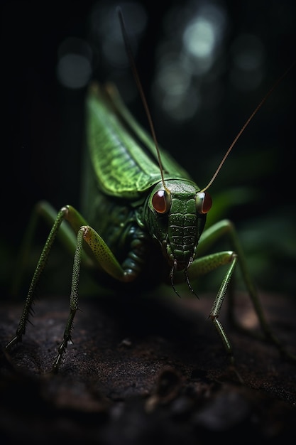 Um gafanhoto verde com olhos vermelhos senta-se em um galho.