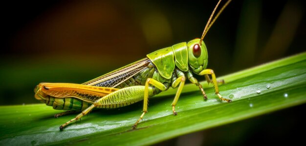 Um gafanhoto verde senta-se em uma folha.