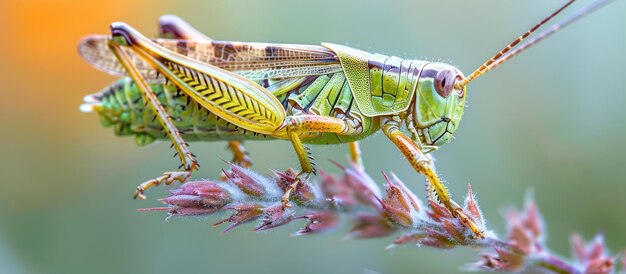 Um gafanhoto verde vibrante em cima de uma planta