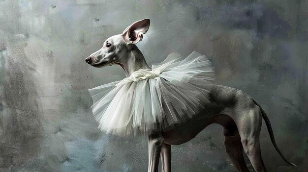 Foto um galgo gracioso e elegante está erguido adornado com um delicado e fofo tutu de tulha branca