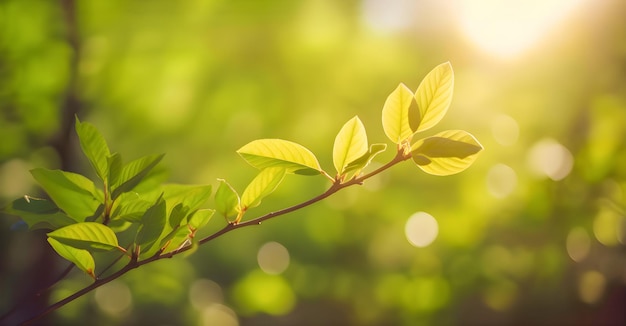 Um galho com folhas verdes com o sol brilhando sobre ele Fundo de folha verde com belo bokeh sob a luz do sol