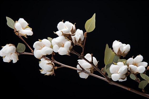 um galho de algodão com folhas e flores