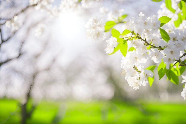 Um galho de árvore com flores brancas com folhas verdes e a palavra primavera nele