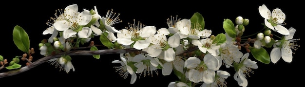 Um galho de árvore com flores brancas e folhas verdes.