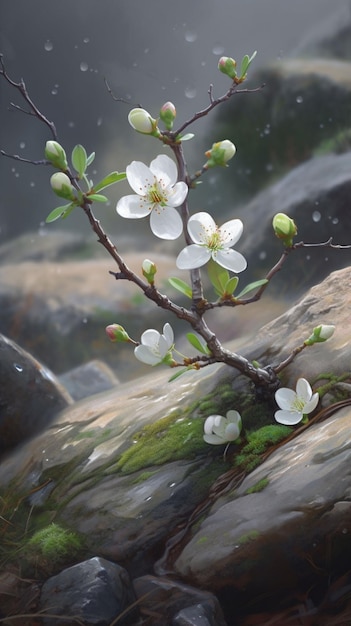 Um galho de árvore com flores brancas está na chuva.