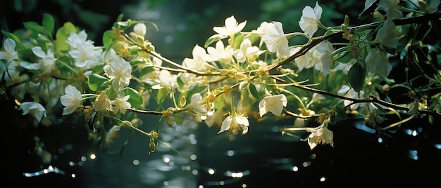 um galho de árvore com flores brancas nele