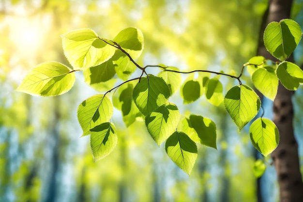 um galho de árvore com folhas verdes à luz do sol