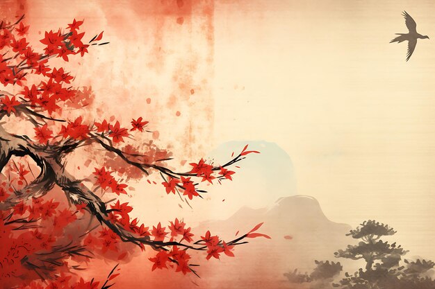 Foto um galho de árvore com folhas vermelhas e uma montanha ao fundo celebrando a cultura japonesa