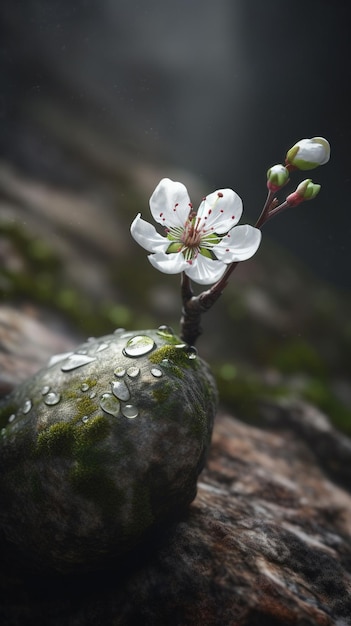 Um galho de árvore com gotas de água e uma flor nele.