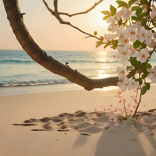 um galho de uma árvore com flores na areia