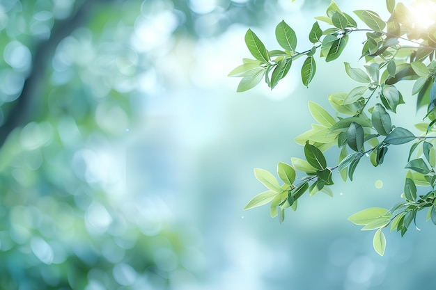 Um galho de uma árvore com folhas verdes e luz solar brilhando através das folhas nos galhos do