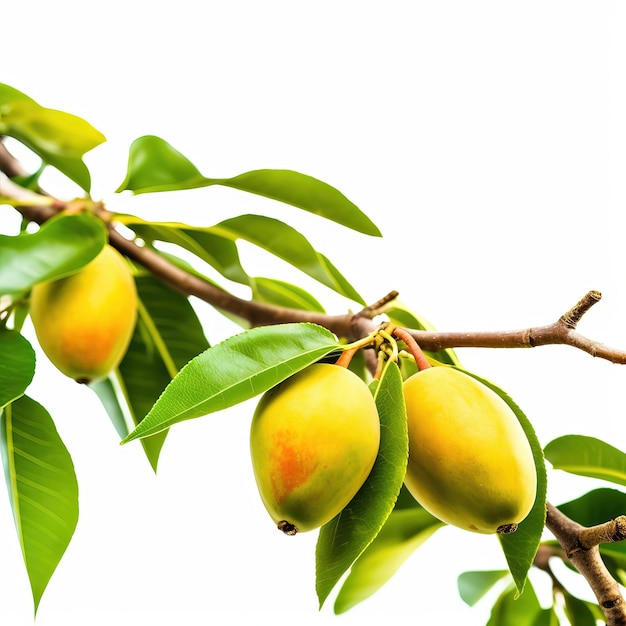 Um galho de uma árvore com folhas verdes e um monte de frutas maduras.