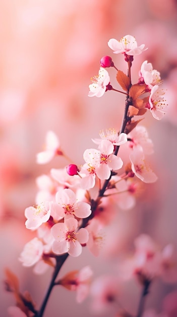Um galho de uma árvore de cerejeira com flores cor de rosa