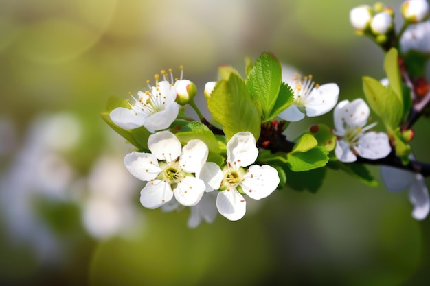 Um galho de uma cerejeira com flores brancas