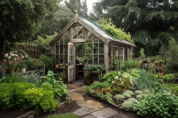 Um galpão de jardim e uma estufa cercada por uma vegetação luxuriante