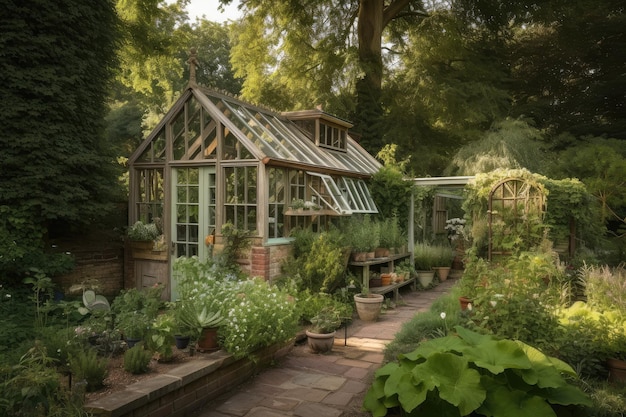 Um galpão de jardim e uma estufa cercada por uma vegetação luxuriante