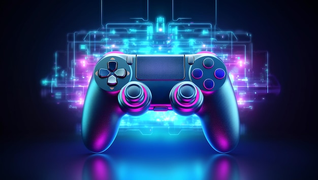 Um gamepad moderno com luzes neon no fundo