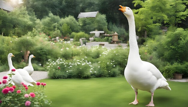 um ganso está de pé num jardim com um pássaro em primeiro plano