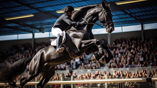 Foto um garanhão preto real realizando um poderoso salto sobre um obstáculo em uma arena de salto