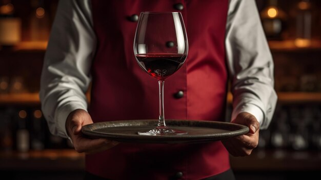 Um garçom segurando uma bandeja de vinho e uma taça de vinho.