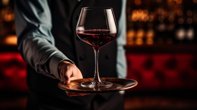 Um garçom segurando uma taça de vinho com vinho tinto