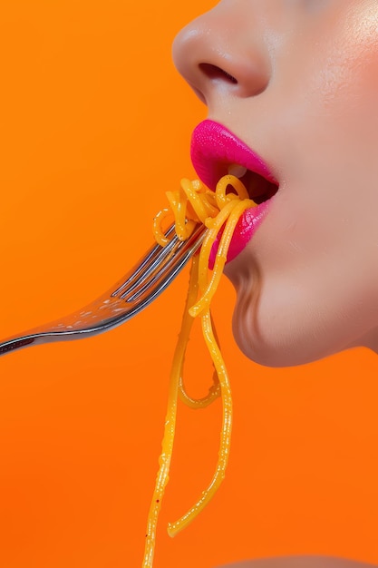 Foto um garfo com espaguete sobre ele está sendo comido por uma mulher