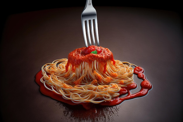 Um garfo de prata envolto em molho de tomate e espaguete
