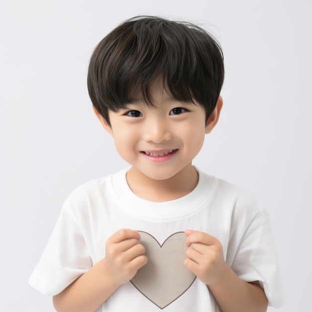 um garotinho asiático com cabelo curto está posando para uma fotografia