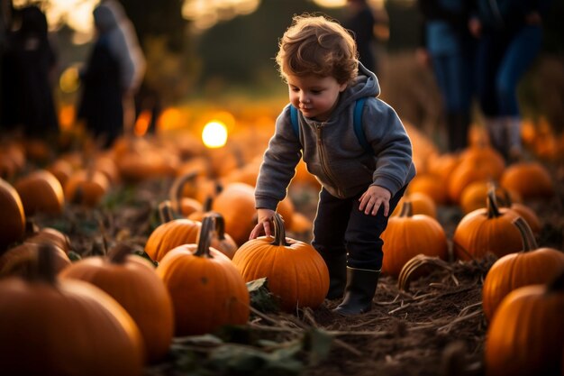 Um garotinho colhendo abóboras no Halloween em um canteiro de abóboras Generative Ai